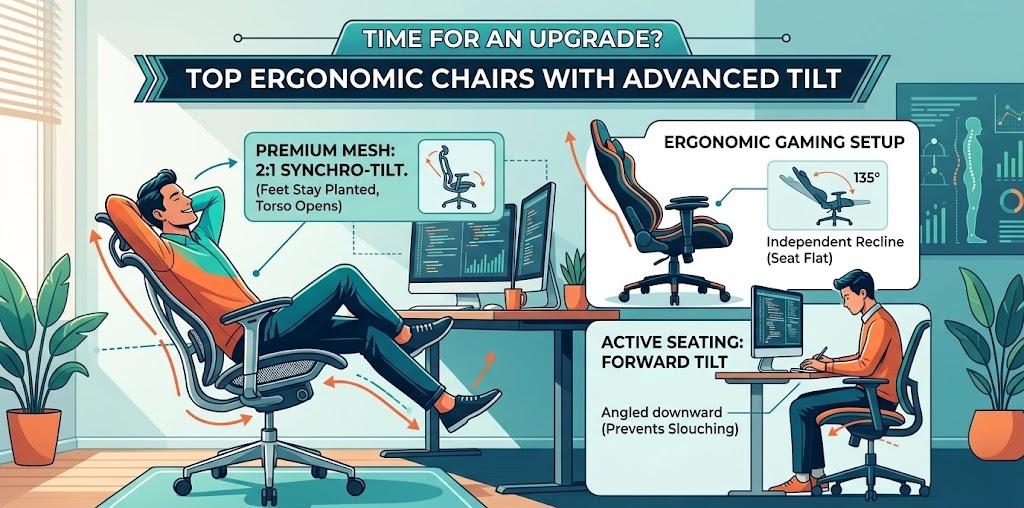 Recommended ergonomic chairs for an upgrade featuring advanced desk chair tilt adjustment options like synchro-tilt and forward tilt.