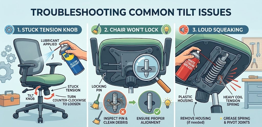 Troubleshooting guide for common desk chair tilt adjustment issues like a stuck knob or squeaking spring.