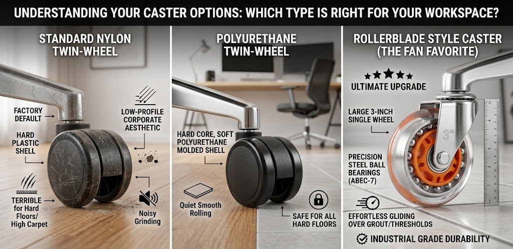 Visual comparison of three desk chair wheel types: standard nylon twin-wheel, polyurethane twin-wheel, and the rollerblade style fan favorite.