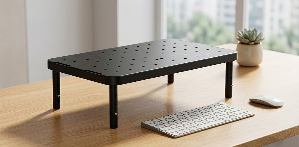 Black WALI desk top monitor riser with open underneath storage for office supplies