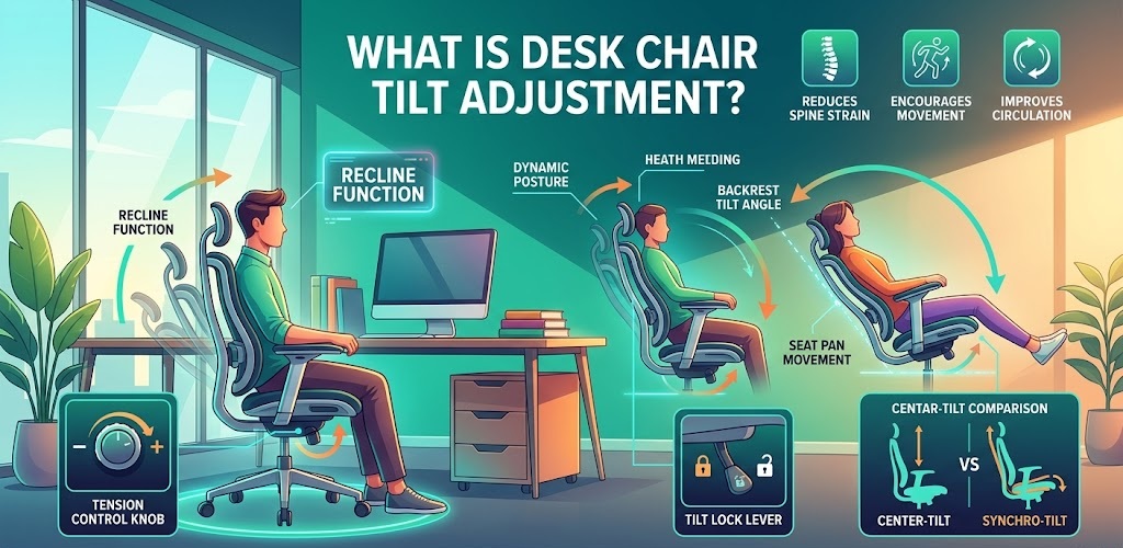 A man demonstrating proper desk chair tilt adjustment using the tension control knob and lock lever.