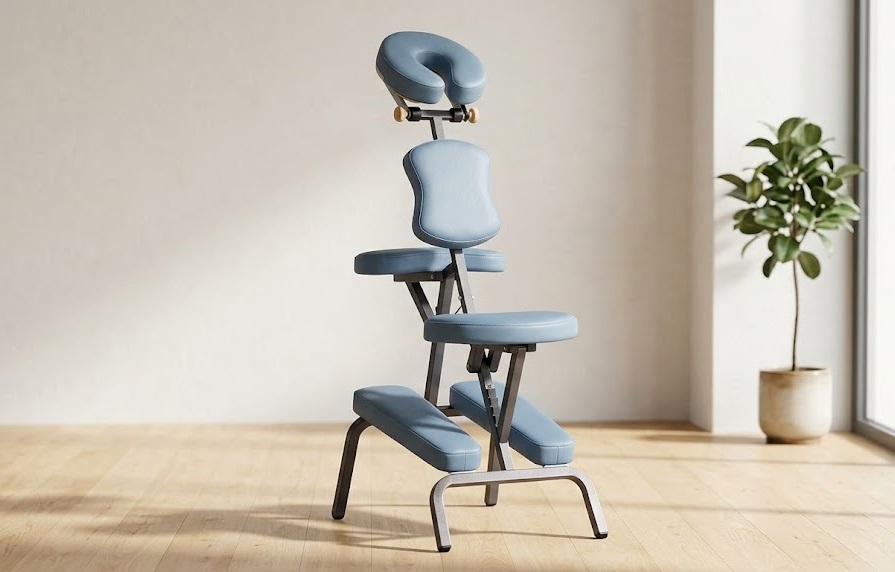 Light blue ZENY thick foam therapy chair designed to maximize client comfort and massage chair health benefits during long sessions