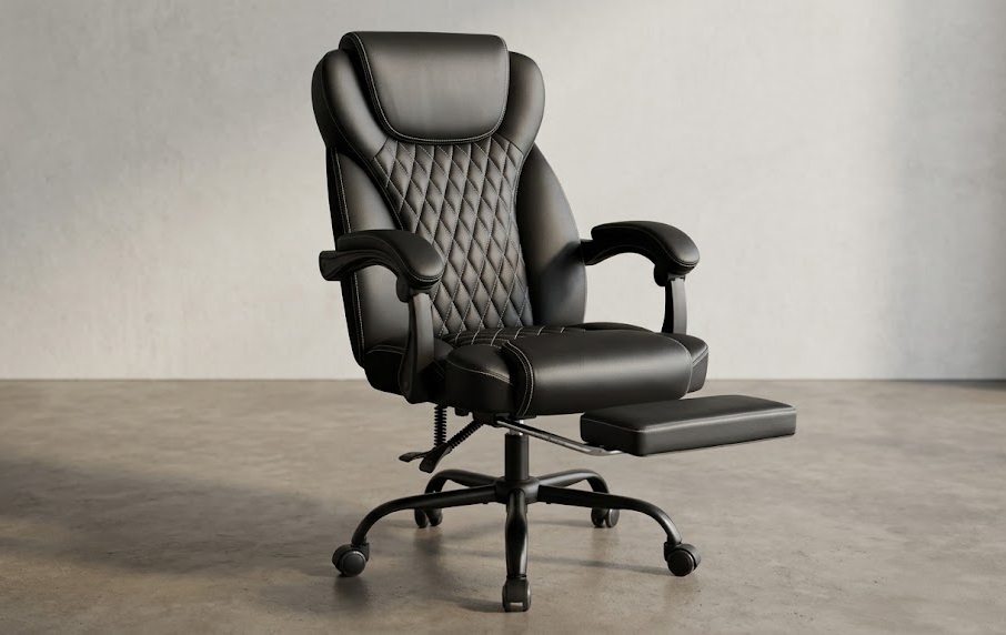 Oversized brown big and tall desk chair with footrest extended, highlighting the waterproof leather and spring seat cushion.