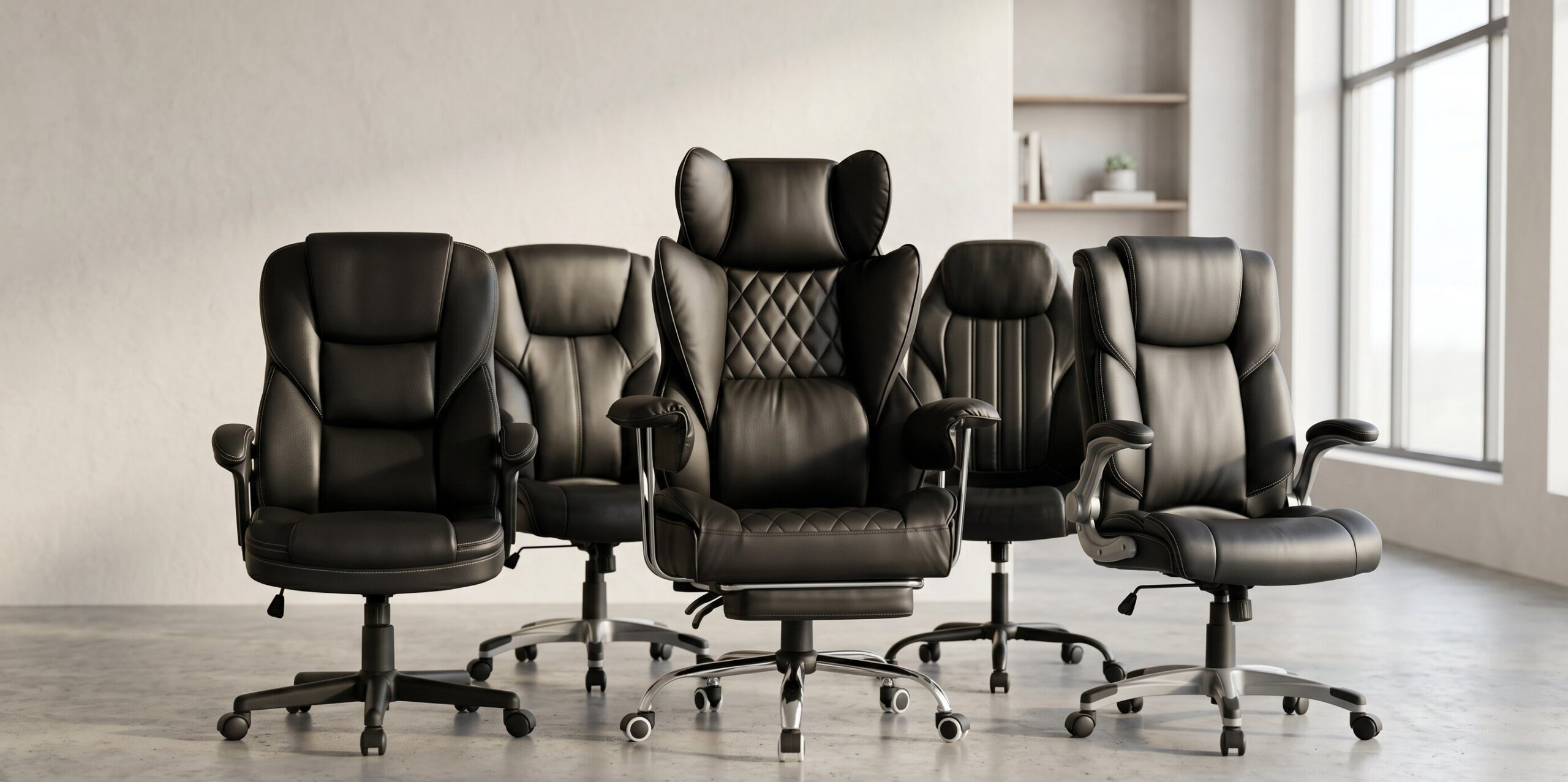 A lineup of the best leather executive office chairs showcasing different ergonomic designs for workspace comfort