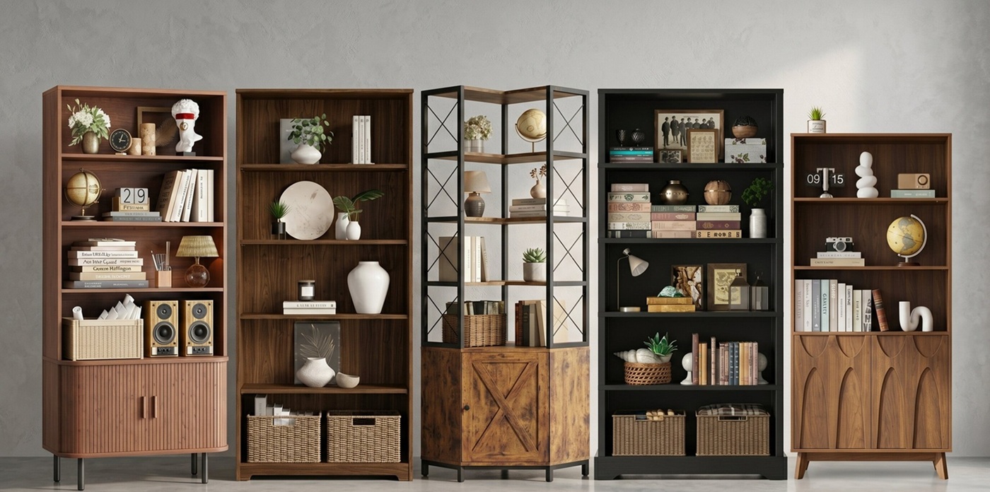 A lineup of the 5 best walnut bookcase and shelving unit designs for a home office setup.
