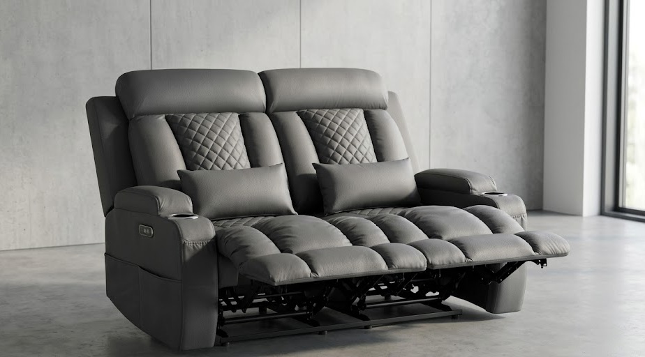 Grey power reclining loveseat with an adjustable headrest perfect for space-saving home theater setups