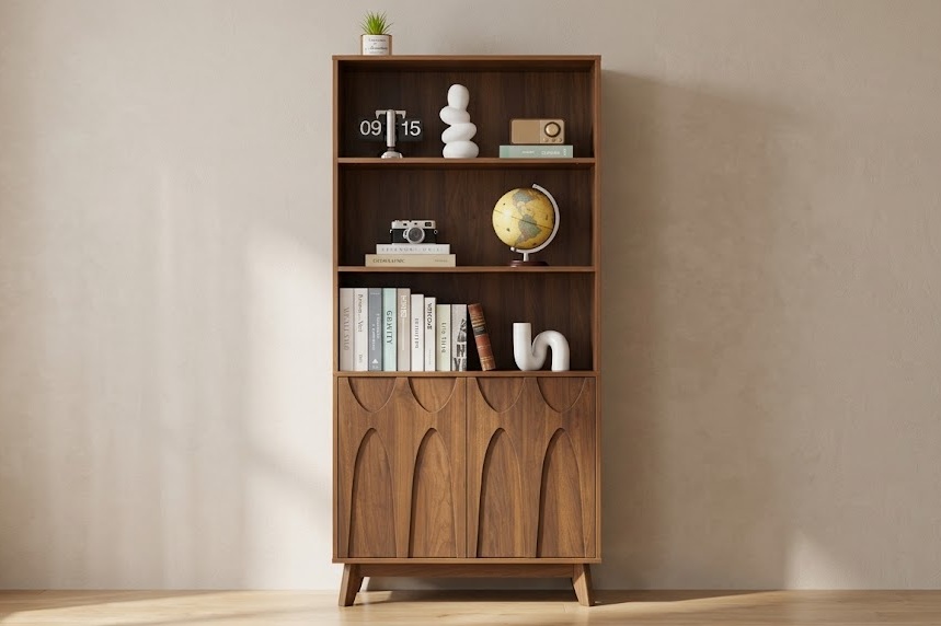 Bifins freestanding walnut bookcase featuring a mid-century modern bottom cabinet with carved wooden doors.