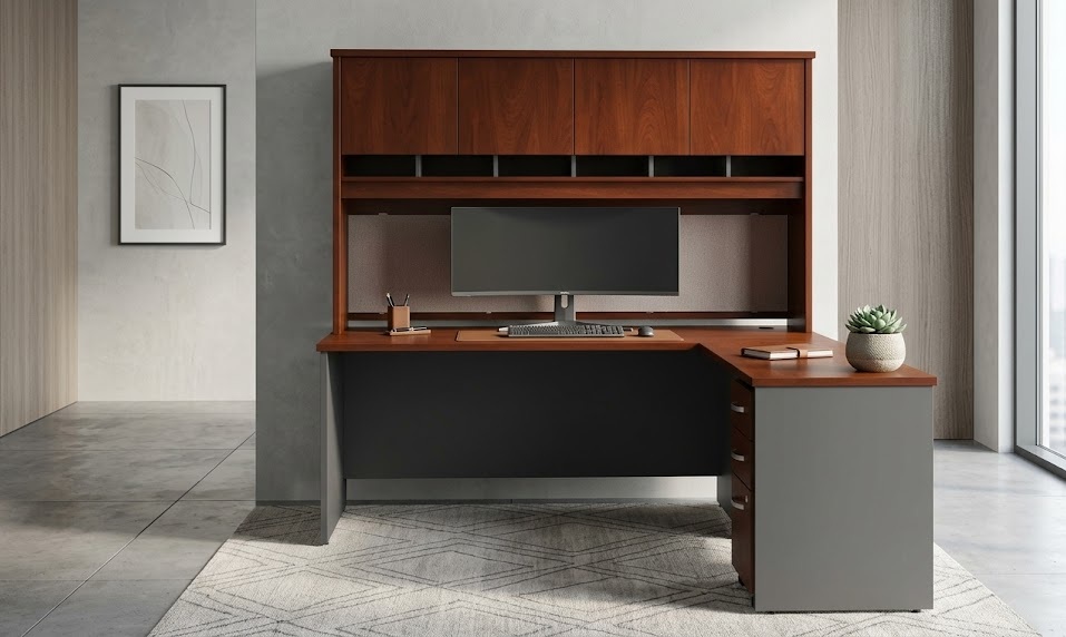 Traditional Bush Business Series C executive l shaped desk featuring a large overhead hutch and mobile file cabinet