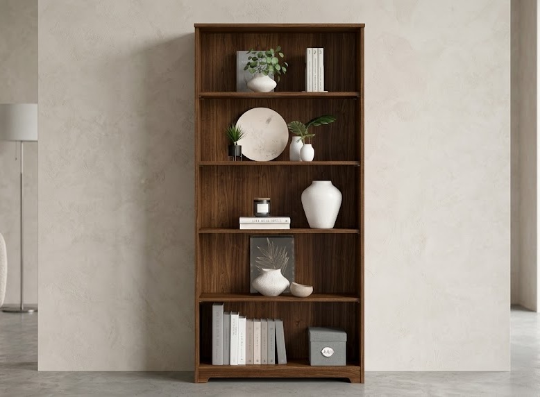 Bush Furniture Cabot 5-tier walnut shelving unit displaying books and home office decor.