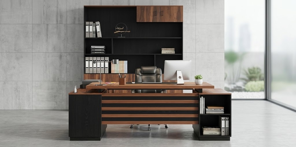 Epecoya brown and black executive l shaped desk with a large 5-in-1 storage cabinet and ergonomic office chair