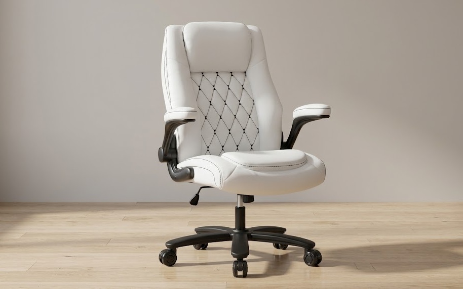 The GYI heavy-duty modern white leather chair built with a stable metal base and floor-safe rubber caster wheels.