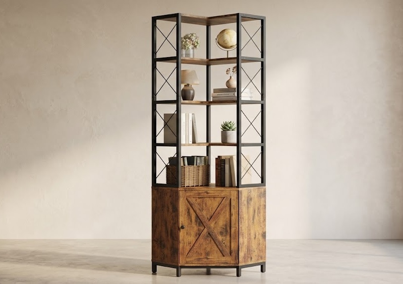 IRONCK industrial corner walnut bookcase featuring a metal frame and a rustic bottom storage cabinet.