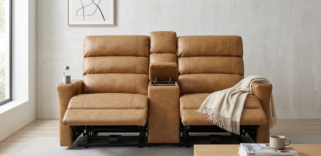 Cognac tan MCombo best zero clearance reclining sofa featuring a center console and built-in AC outlet