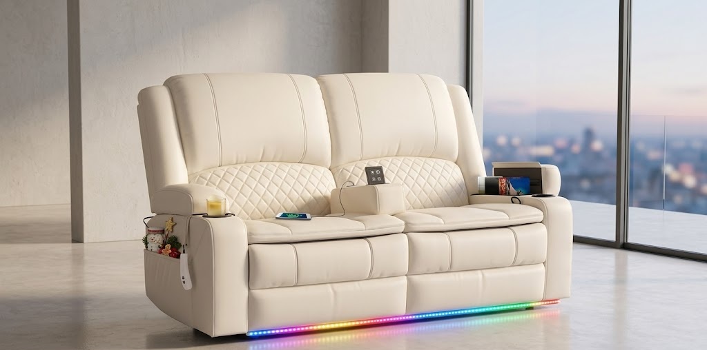 White MOSGAT space saving recliner for RV interiors featuring hidden armrest storage