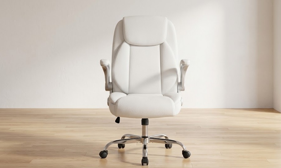 The NEO CHAIR is a highly rated modern office chair white leather option with a wide seat and flip-up armrests.