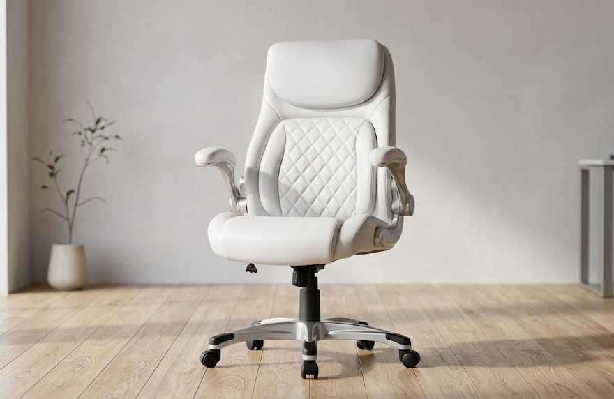 The Nouhaus +Posture modern office chair white leather model showcasing its unique Click5 lumbar support system.
