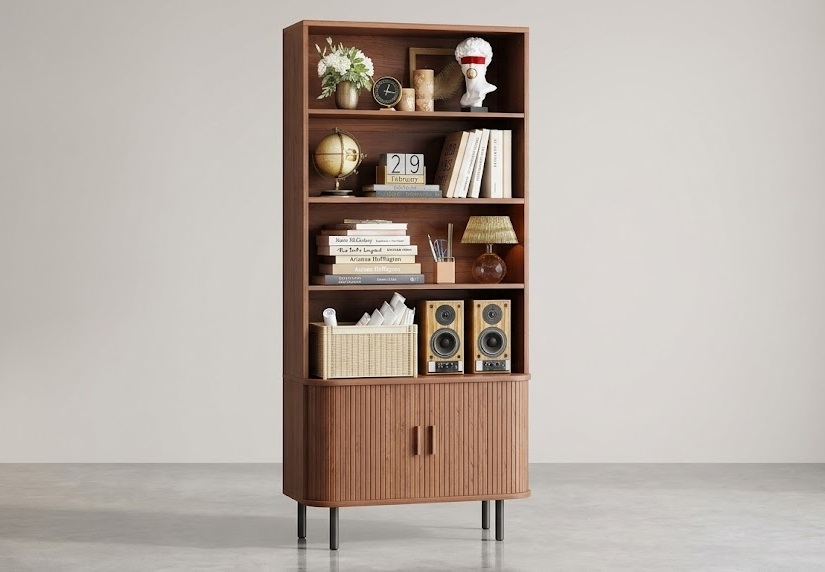ONBRILL 71-inch tall mid-century modern walnut bookcase with sliding storage doors and open shelves.