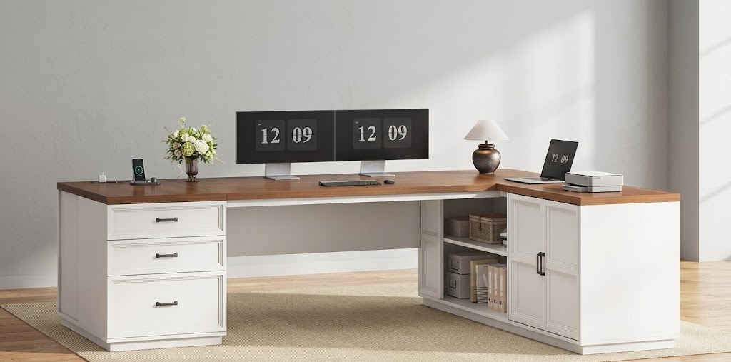 White and brown SEDETA executive l shaped desk featuring a built-in charging station, storage cabinet, and dual monitor setup