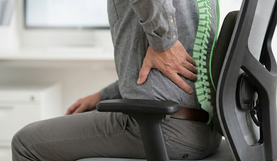 A person experiencing lower back discomfort at their desk, showing the physical signs of what happens when you are unsure where do you put lumbar support on a chair.