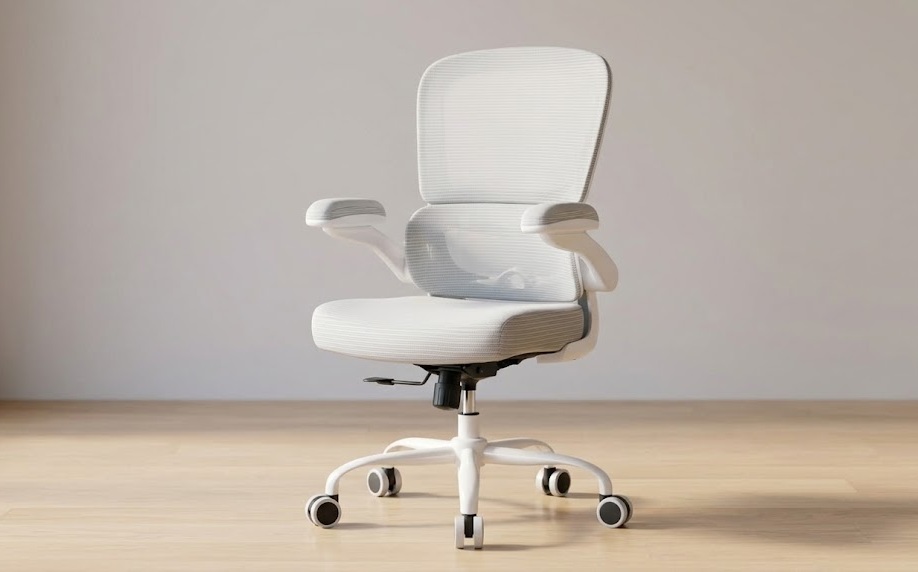 The TRALT modern white leather chair featuring an adjustable lumbar support pad and a memory foam seat.