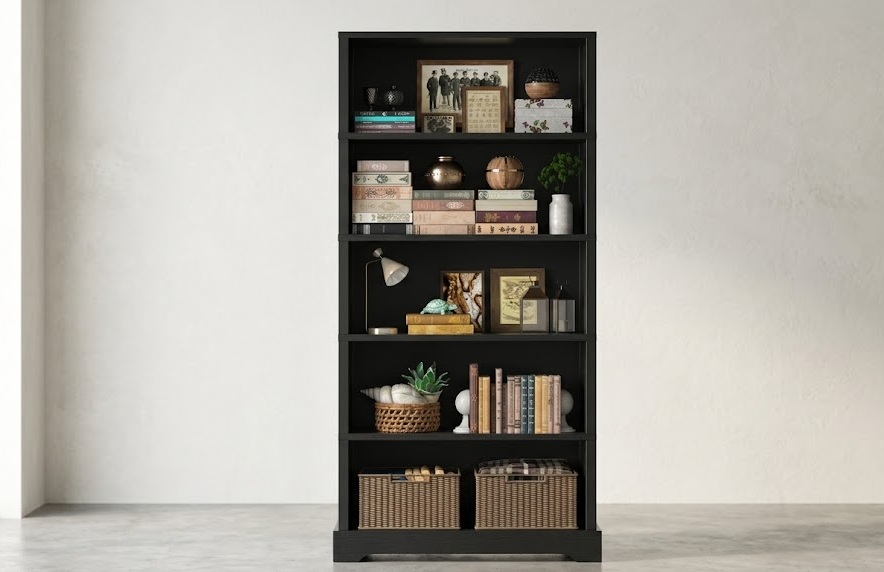 TVU 5-tier solid wood walnut shelving unit with an arched base and open display shelves.