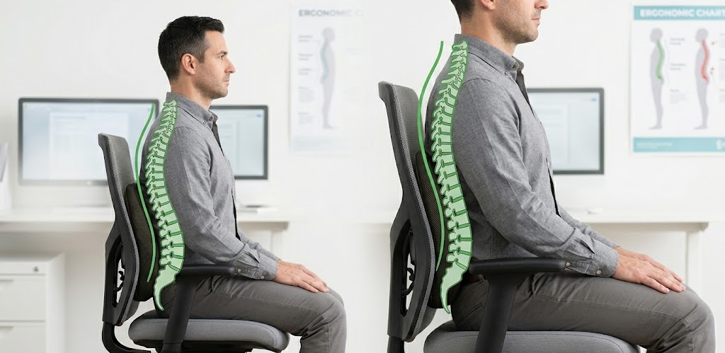 An office worker demonstrating proper ergonomic posture, highlighting the correct placement for where to place lumbar support on chair backrests.