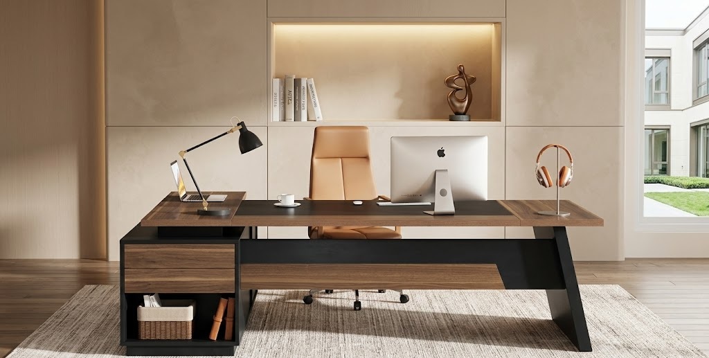 Light walnut Tribesigns executive l shaped desk in a bright home office demonstrating an expansive corner workspace