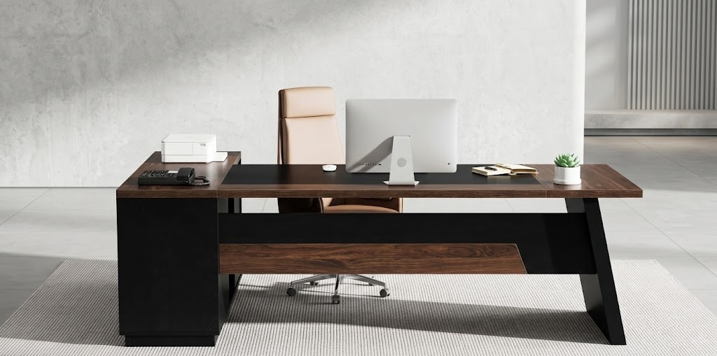 Tribesigns 78 inch walnut and black executive l shaped desk with a monitor and leather chair in a modern office setting