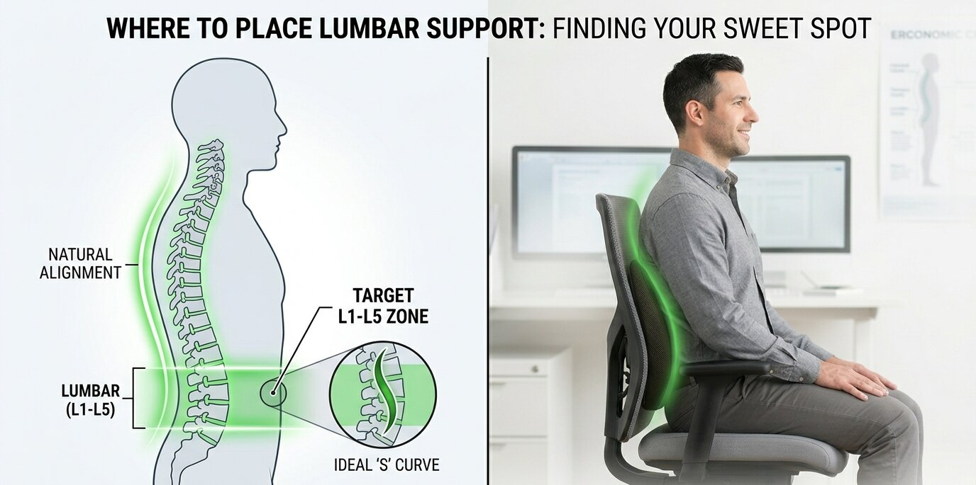 A detailed visual guide showing the L1-L5 target zone and a user demonstrating exactly where to place lumbar support on chair setups for optimal posture.
