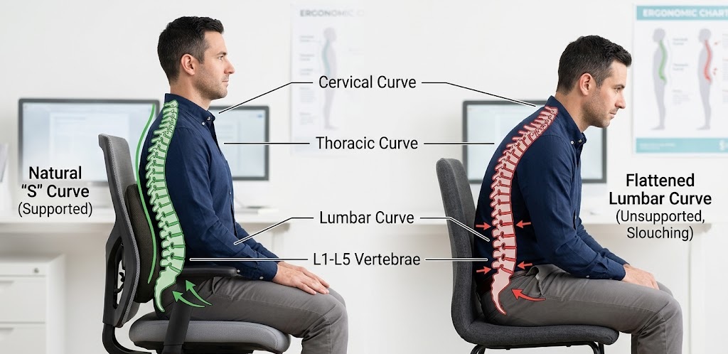 A side-by-side comparison showing a supported natural spine curve versus a flattened sitting posture, illustrating exactly where to place lumbar support on chair setups.