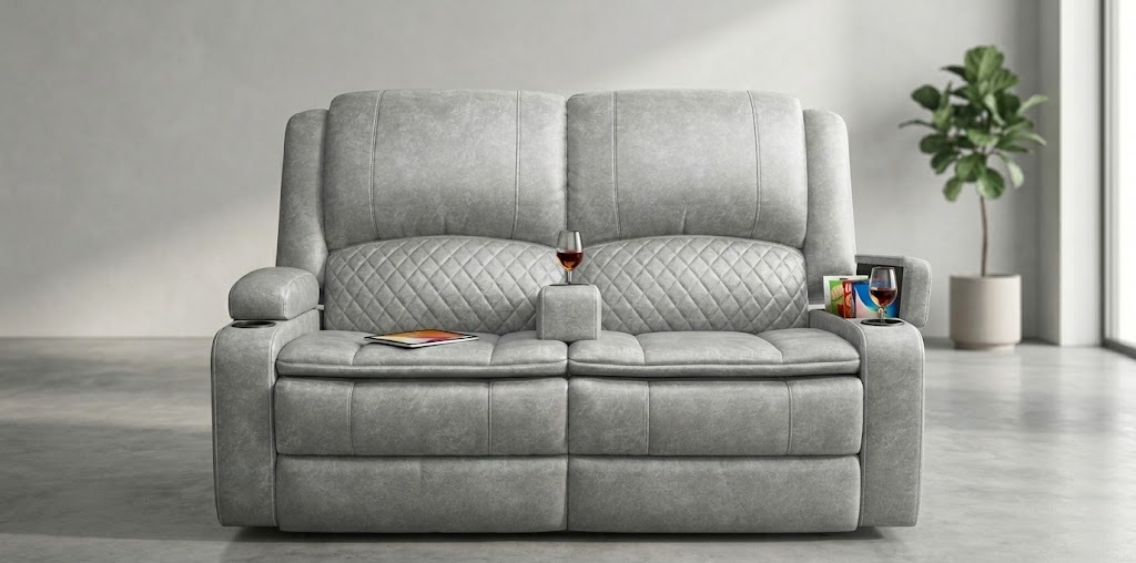 Grey Yolsali power reclining loveseat functioning as a zero wall recliner with a removable middle armrest