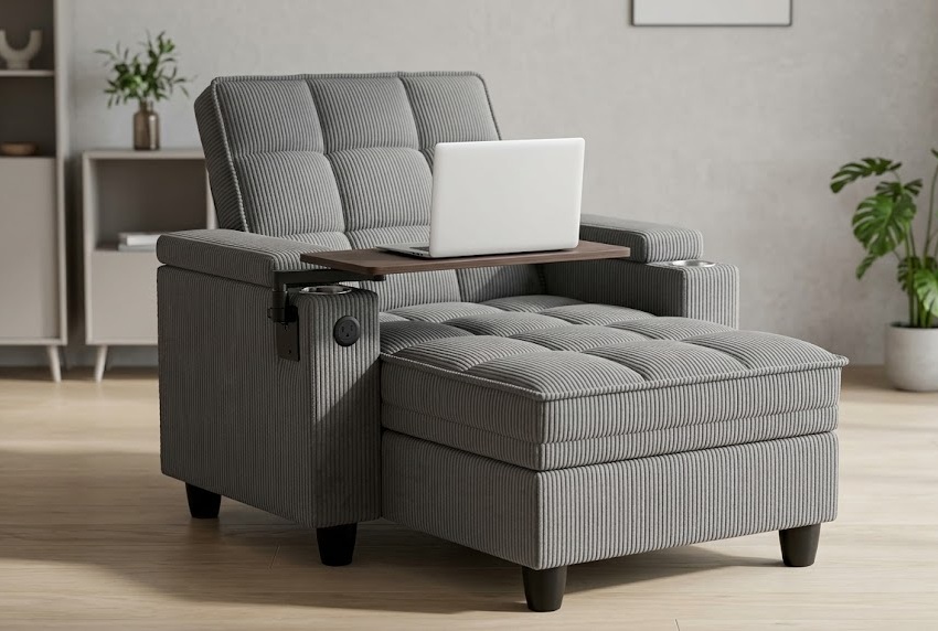 41.7-inch oversized dark gray corded chaise lounge with swivel wooden laptop table, dual cup holders, and tufted storage ottoman for home office relaxation