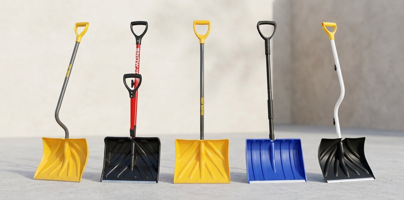Five ergonomic snow shovels lined up for a 2026 side-by-side comparison