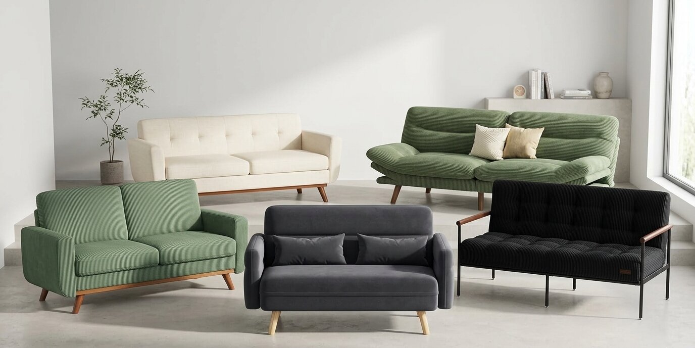 Five small office loveseats compared in cream, sage green, dark green, gray, and black