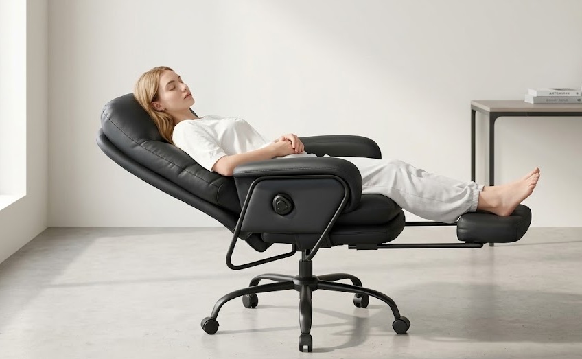 FLEXISPOT HC4 black PU leather lounge chair reclined to 165 degrees with footrest extended, showing ergonomic full-body recline support
