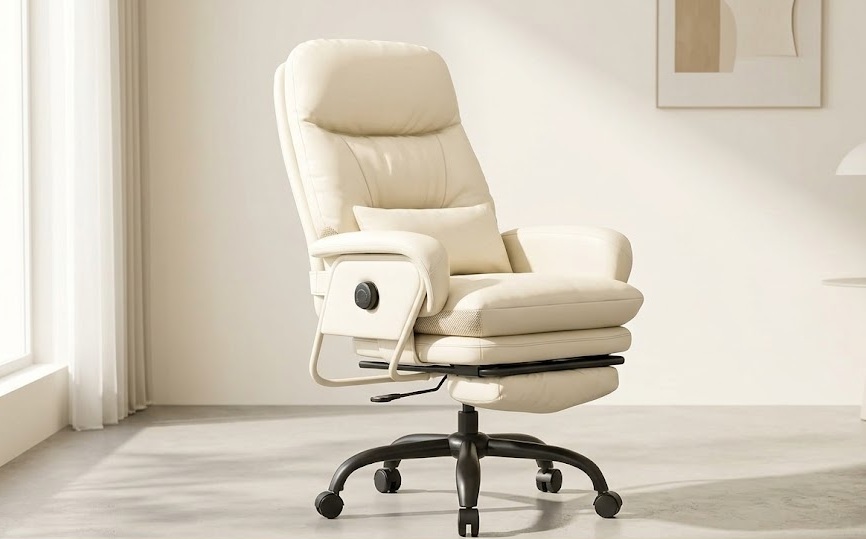 FLEXISPOT white ergonomic reclining chair for home office with lumbar support pillow, padded high backrest, and five-wheel rolling iron base