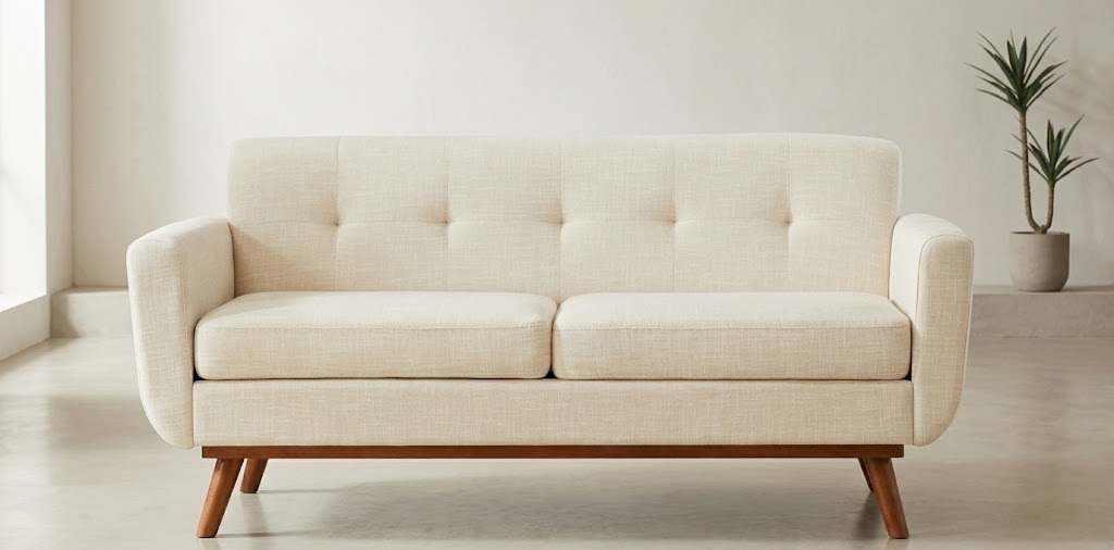 Kingfun cream linen button-tufted loveseat with wood base and tapered legs