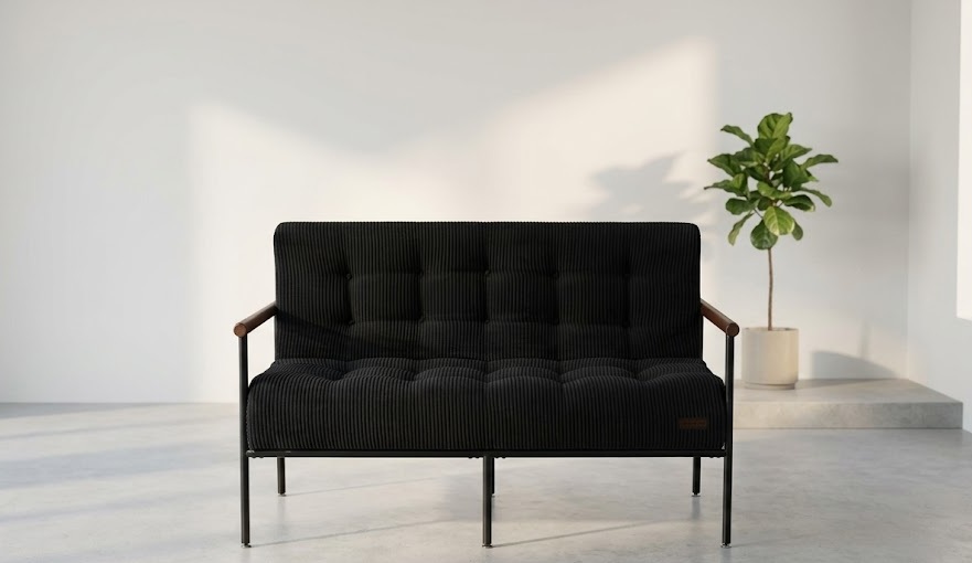 MAXYOYO black corduroy button-tufted loveseat with metal frame and wood armrests