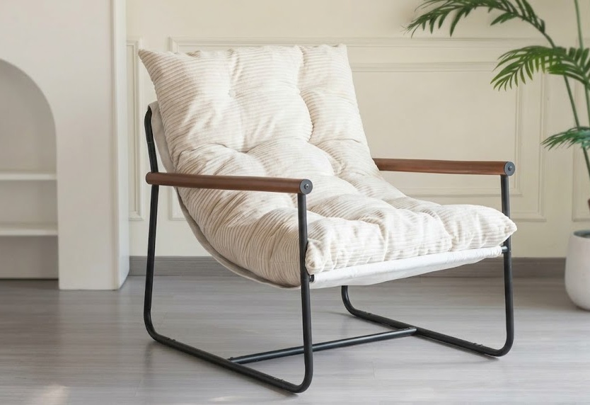 MAXYOYO beige corded fabric accent armchair with black metal sled frame and solid wood armrests, a compact ergonomic reading lounge chair for bedroom use