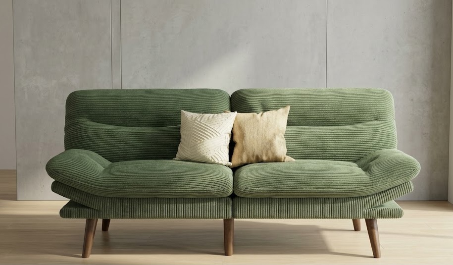 Marsail green corduroy futon sofa bed with curved backrest and accent pillows