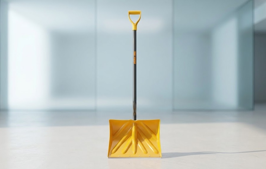 True Temper 18-inch ergonomic snow shovel with bent steel handle and yellow poly blade
