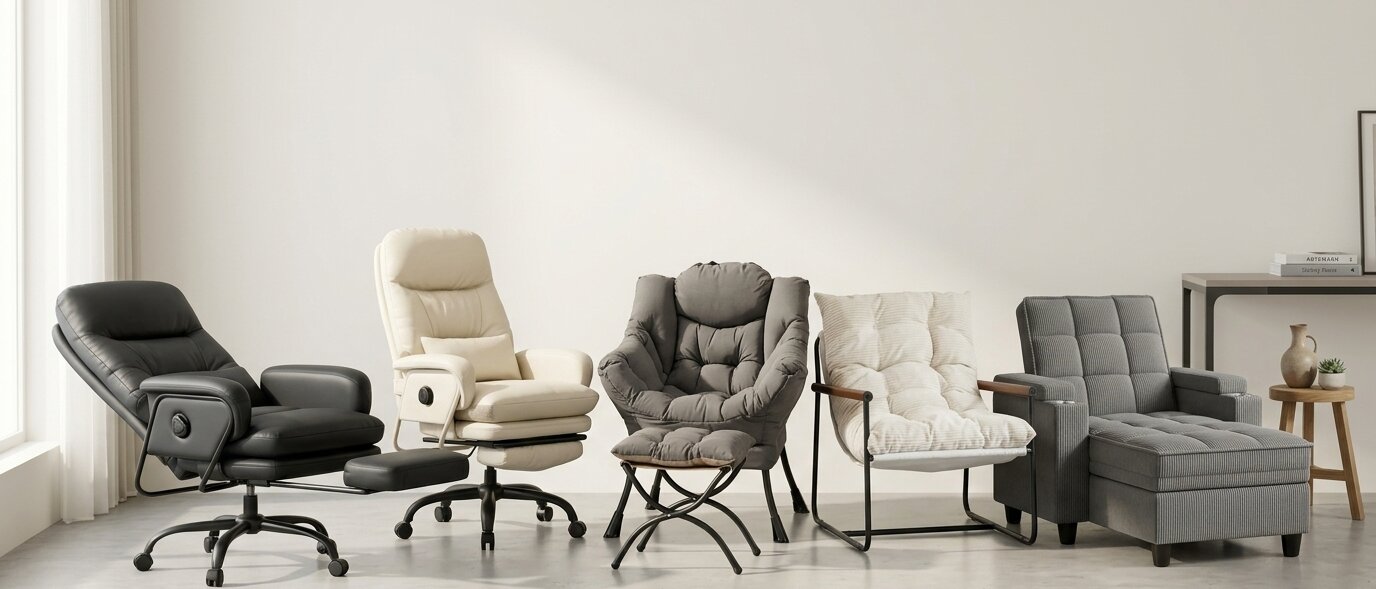 Five ergonomic lounge chairs tested for 2026, including reclining home office recliners, a plush grey lazy chair, a beige corded accent armchair, and an oversized chaise lounge