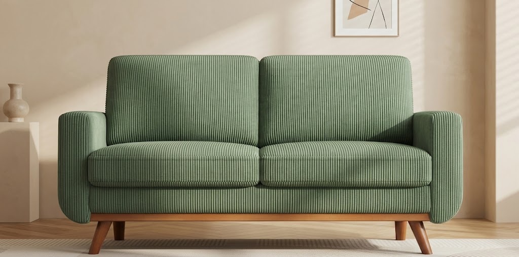 Vesgantti 68-inch sage green corduroy loveseat with walnut wood legs in a living room
