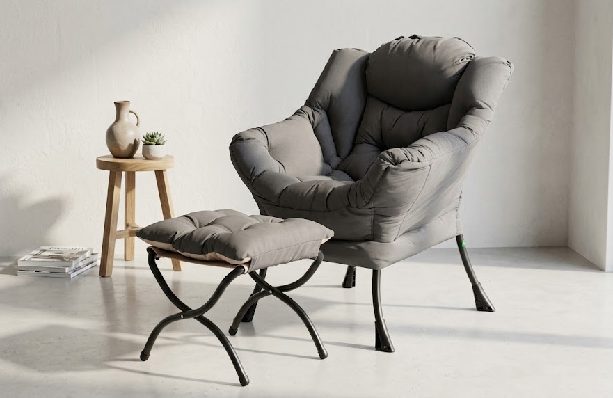Welnow dark grey plush lazy chair with tufted curved backrest and matching foldable X-frame ottoman for lower back and leg support