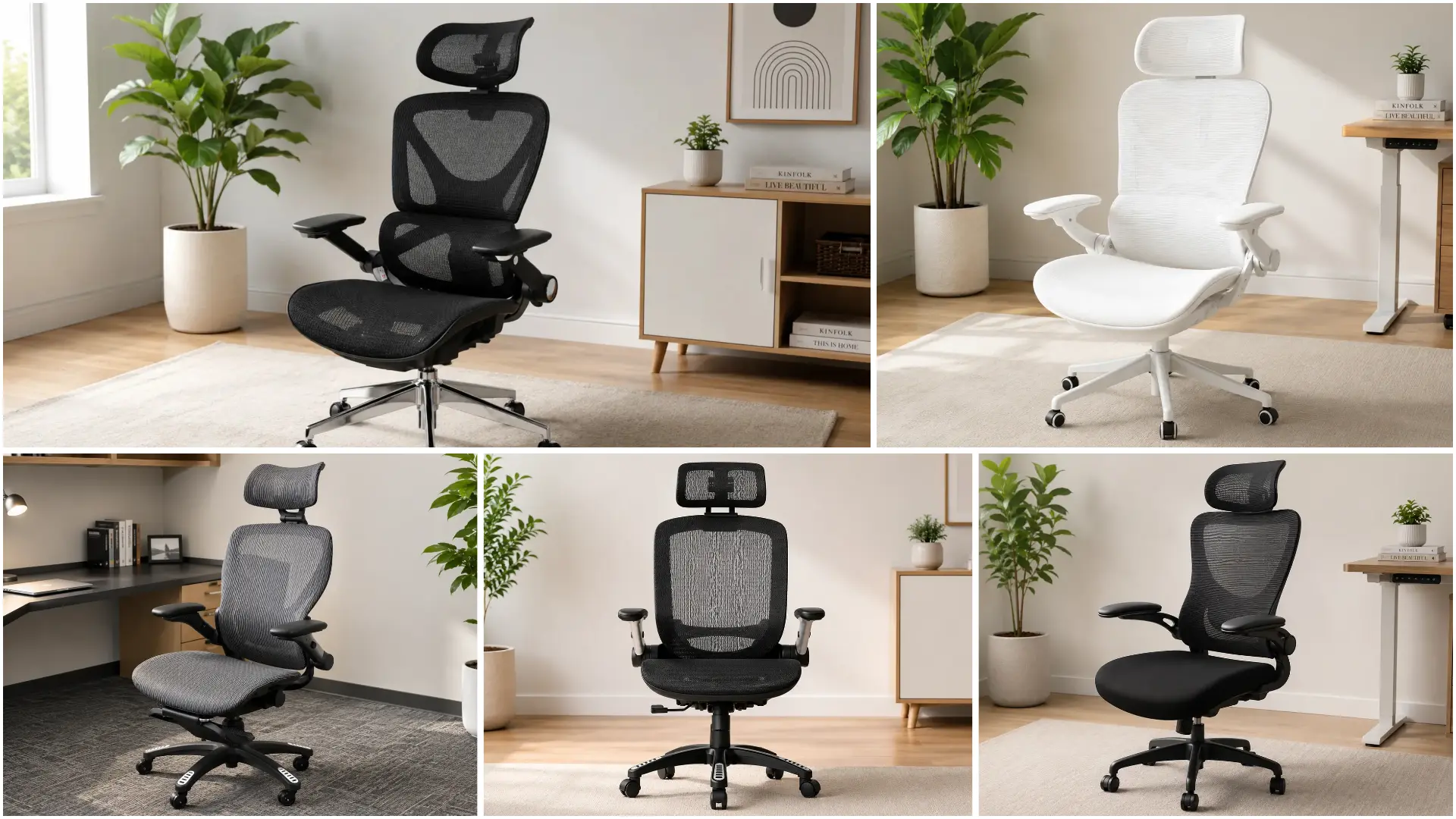 A side-by-side comparison of five top-rated ergonomic office chairs with neck support in various home office settings