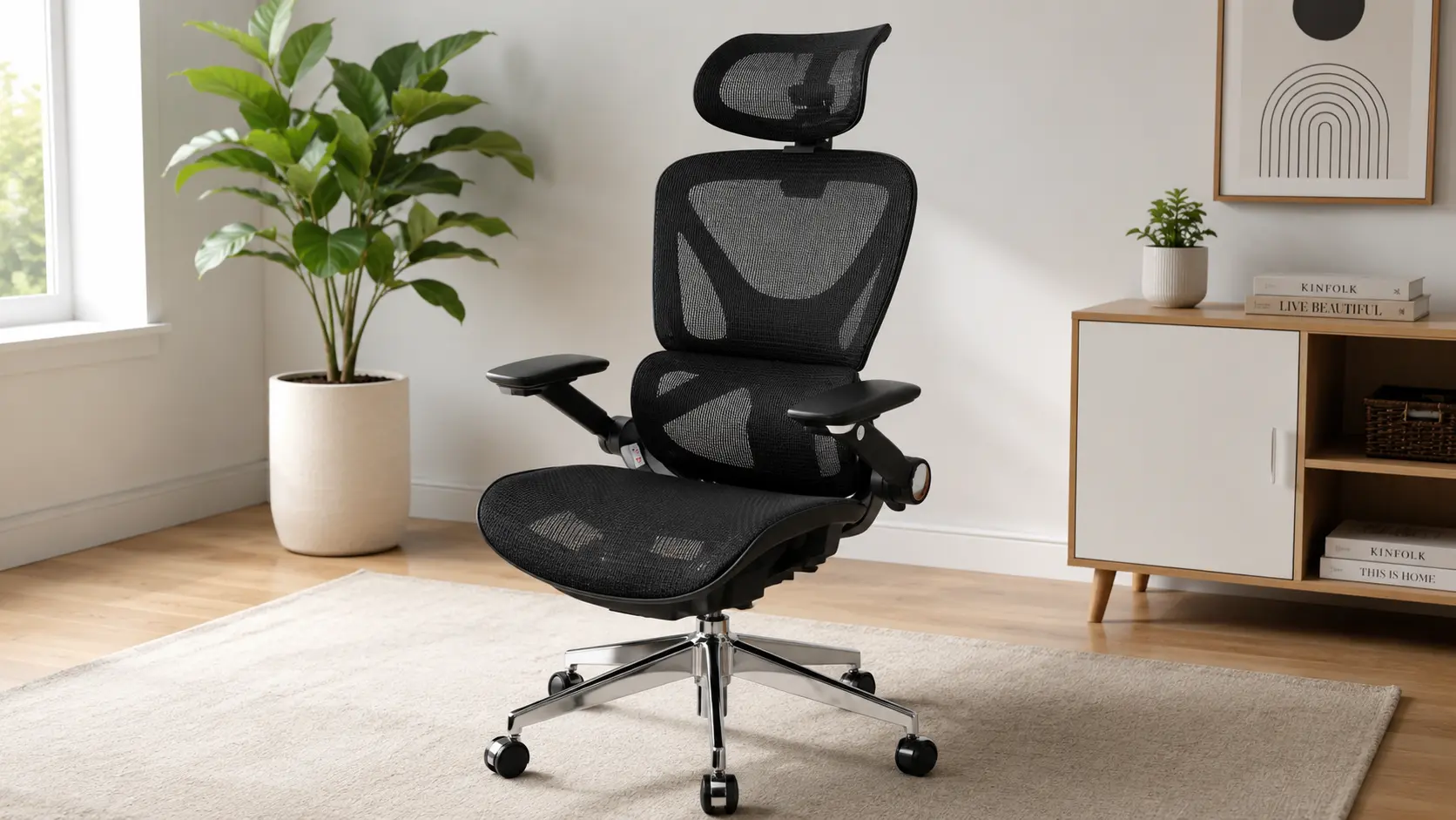 Black CAPOT ergonomic mesh desk chair with adjustable headrest and 4D flip-up arms