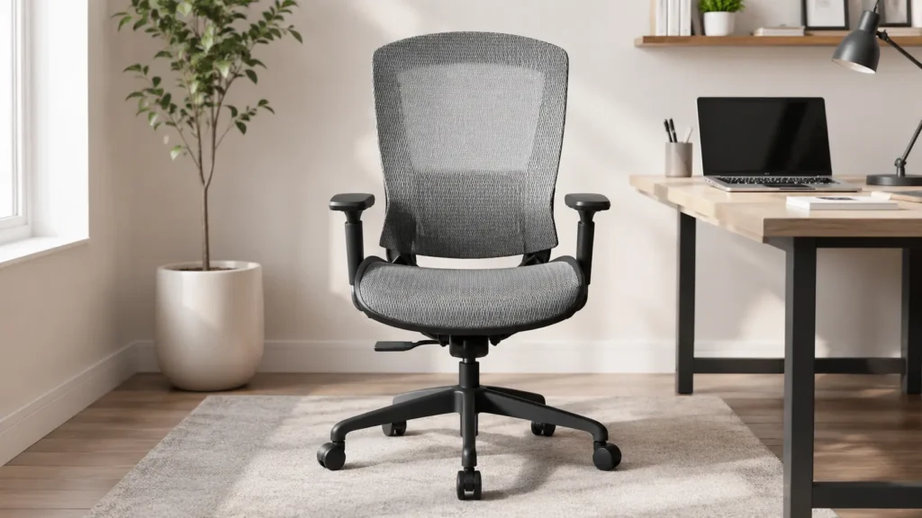Front view of the grey ELABEST T96 budget mesh computer chair showing 3D adjustable armrests and bionic curve backrest.