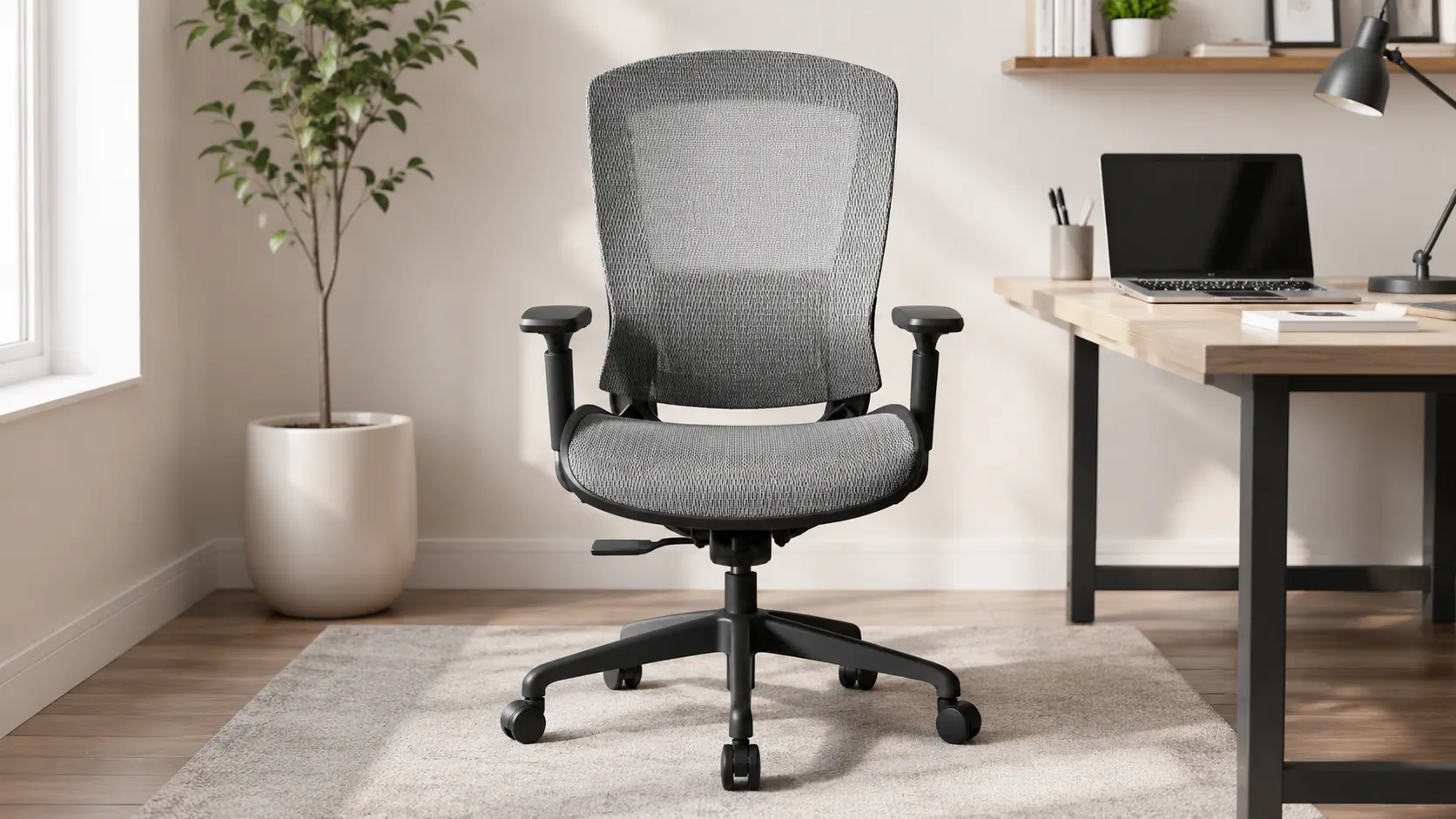 Front view of the grey ELABEST T96 budget mesh computer chair showing 3D adjustable armrests and bionic curve backrest.