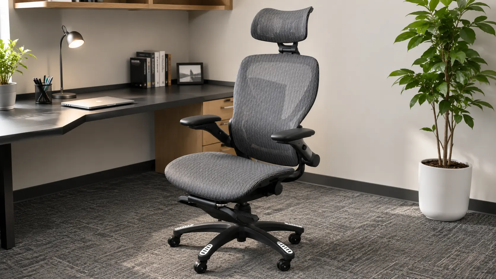 Grey ELABEST X100 big and tall mesh chair with extended footrest deployed