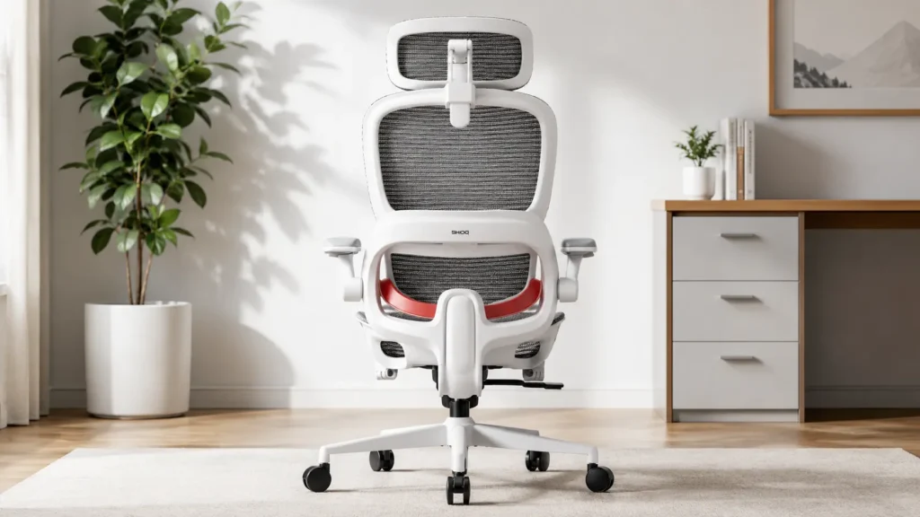 Rear view of the white and grey SIHOO B100 office chair highlighting the adaptive dynamic lumbar support system and split-back mesh design.